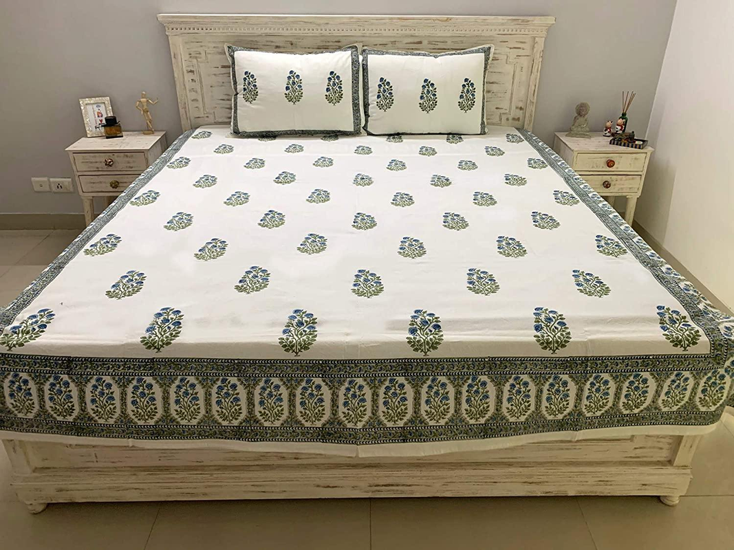 Noor Premium Cotton Block Print King Size Bedsheet + 2 Pillow Covers